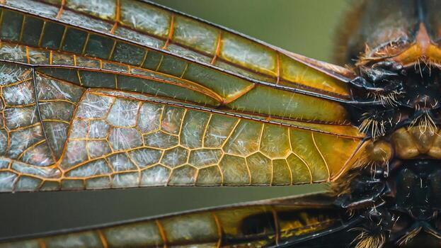 Dragonfly wing macro presenting intricate biological patterns photo