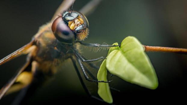 Dragonfly resting on green leaf showing compound eyes photo