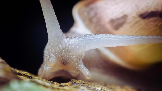 Snail exploring branch showing macro eye detail photo