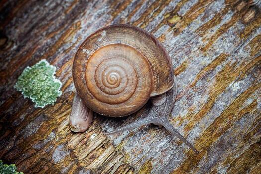 Snail slowly crawling on textured wooden surface photo