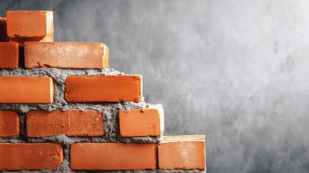 Close-up of red brick and mortar wall being built on a gray background with copy space photo