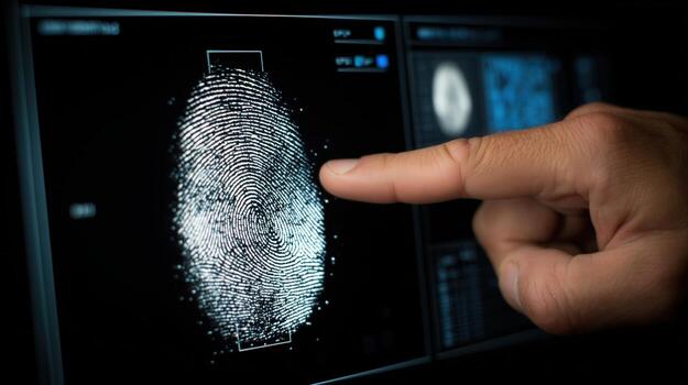 Finger pointing at a digital fingerprint scan on a black screen photo