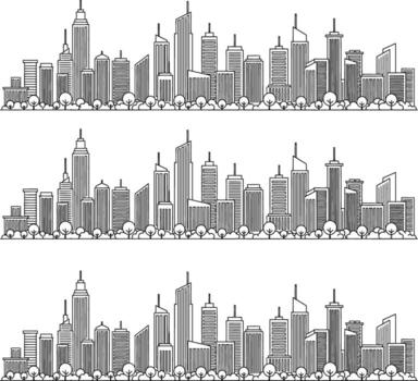 Abstract sketch of a cityscape with repeating building silhouettes in black and white vector