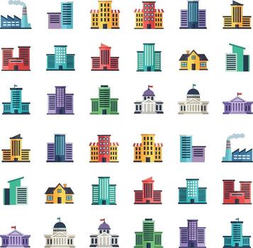 Collection of diverse modern building icons representing various architectural styles and functions vector