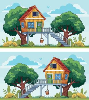 Whimsical treehouse adventures two identical scenes with subtle differences for spotting fun vector