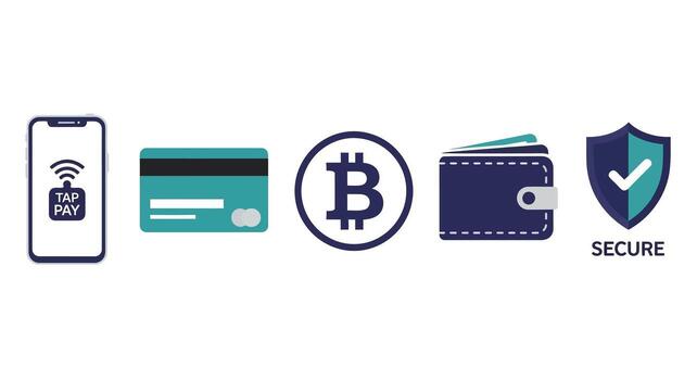 Payment Methods Icons Mobile Pay, Credit Card, Bitcoin, Wallet, Secure vector