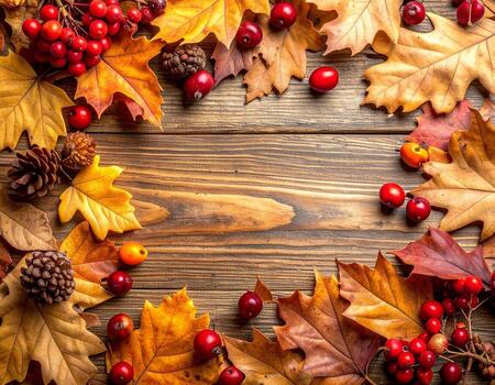 Autumn background with colorful leaves berries and pinecones on a rustic wooden table. Fall season frame with copy space for text. photo