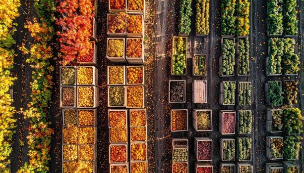 Nursery with colorful autumn plants seen from an aerial top-down view. Rows of trees and shrubs in a garden center create a vibrant pattern. photo