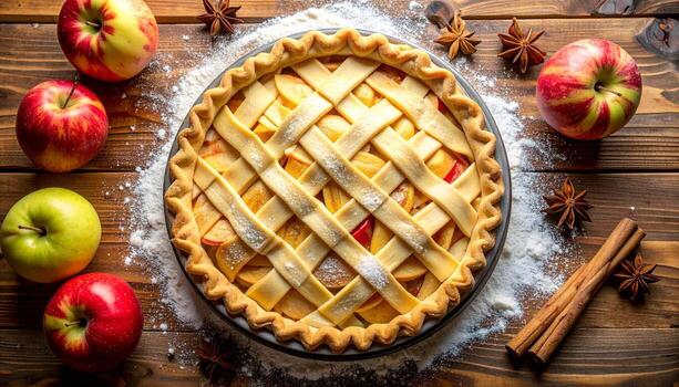 Pie with a golden lattice crust on a rustic wooden table with apples and spices. photo