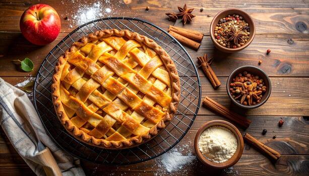 Pie with a golden lattice crust cooling on a rustic wooden table with apples and spices. photo