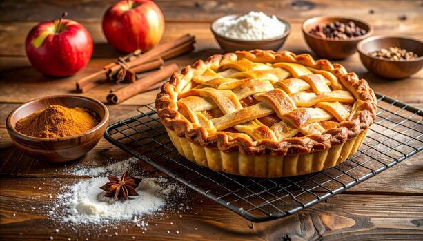 Pie with a golden lattice crust cooling on a rustic wooden table with fresh apples and cinnamon. photo