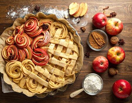 Pie preparation showing a beautiful apple rose and lattice crust design on a rustic wooden table. photo