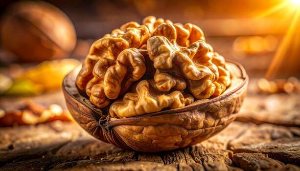 Walnut kernels in a shell on a rustic wooden table with warm sunlight. photo