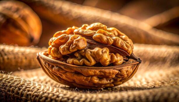 Walnut kernel resting in its shell on a rustic burlap surface. photo