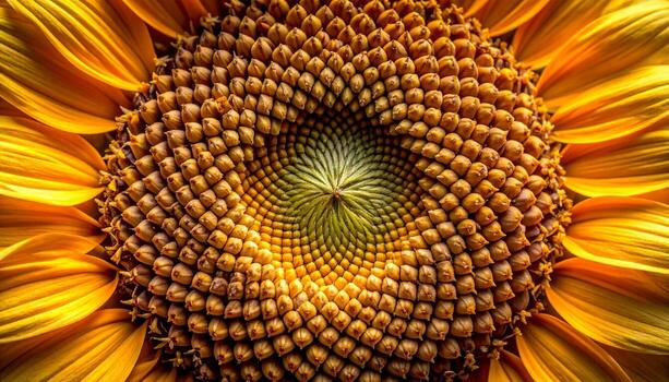 Sunflower macro of the intricate Fibonacci spiral pattern in the center of the flower head. photo