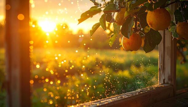 puesta de sol ligero terminado un hermosa huerta visto desde un rústico ventana con maduro Fruta colgando desde un árbol rama. foto