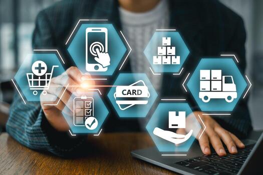 Visual representation of the digital buying process with icons for shopping, payment, and delivery in a modern business setting. photo