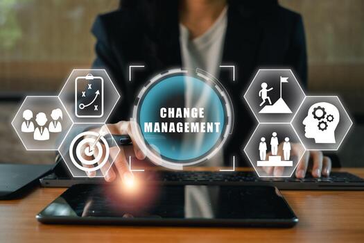 Visual representation of change management with digital icons and a professional using a tablet, symbolizing strategy and innovation. photo