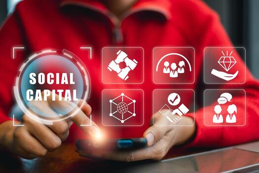 Visual representation of social capital with digital icons and smartphone, highlighting networking and community connections. photo