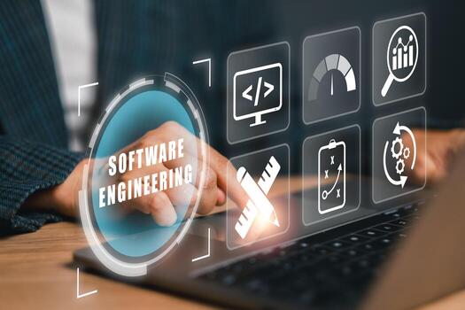 Explore the dynamic world of software engineering with a digital interface showcasing programming and technology icons. photo