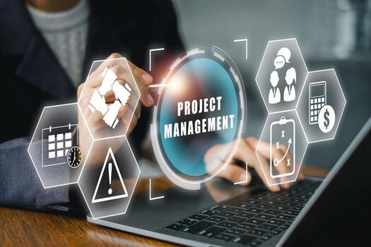 Illustration of project management with digital icons representing planning, teamwork, and strategy on a virtual interface. photo