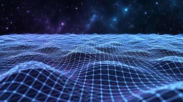 abstrakt strömmande digital rutnät landskap under en vibrerande starry natt himmel, visualisera trogen data nätverk, sammankopplade teknologi, och gränslös kosmisk cyberrymden video