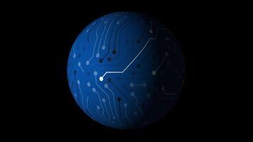 Bitcoin symbol with digital circuit design spinning in dark background video