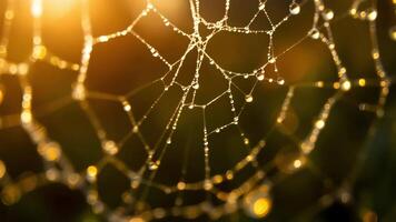 Closeup of a spider web covered in dew drops, illuminated by the golden morning sun video