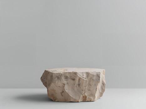 A podium made from a single, rough block of natural stone against a plain grey background. For product display. photo