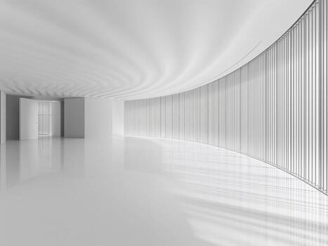 An empty, futuristic white curved corridor with a glossy floor and a long window wall casting soft shadows. photo