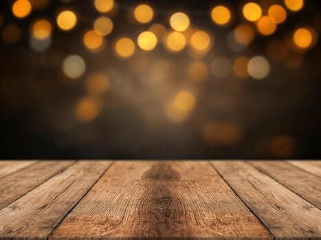An empty wooden table top with a dark, blurred background of a bar or cafe at night with bokeh lights. photo