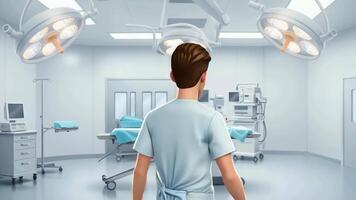 sorridente uomo nel scrub in piedi nel un operativo camera ambientazione video