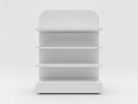 An empty, white, free-standing display shelf with multiple tiers. A clean product mockup for retail or commercial use. photo