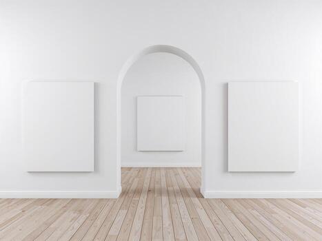 A minimalist art gallery with an arched doorway leading to a staircase. Two blank canvases hang on the white walls on either side of the arch, with a square canvas visible beyond. photo