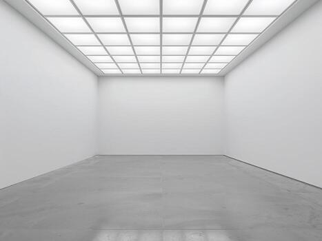 vacío blanco cubo galería habitación con un luminoso cuadrícula techo. minimalista exposición espacio con hormigón piso. Perfecto para producto monitor o como un futurista antecedentes. foto