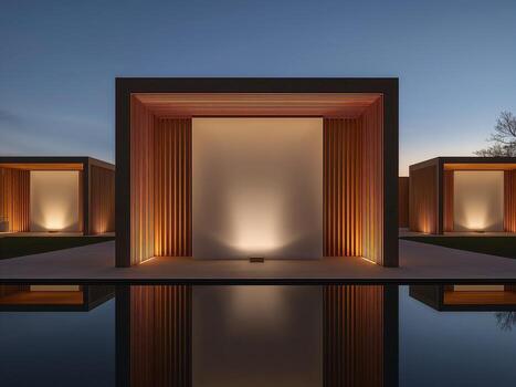 Blank vertical display mockup in a modern cube structure. Illuminated art or advertising space reflected in water at dusk. Luxury and minimalist design. photo