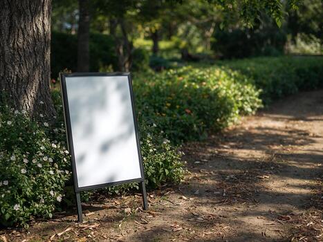 Blank A-frame sign mockup in a sunny park or garden. Empty white board leaning near a tree for message or menu display. photo