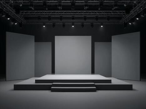Empty stage for an event, presentation, or conference. Dark, modern design with a blank backdrop. photo