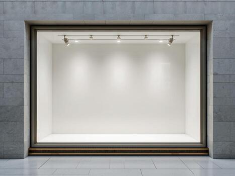 Empty shop window with spotlights. A blank, illuminated storefront for product display or mockup. photo