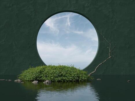 Surreal scene with a round portal window in a green wall overlooking water, an island, and blue sky. Abstract 3D render. photo