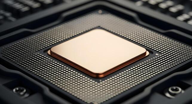 Close up of a computer processor chip in its socket photo