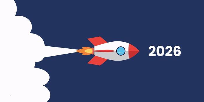 Rocket launching into New Year 2026. New beginnings, Fast start to 2026 Ambition and future concept vector