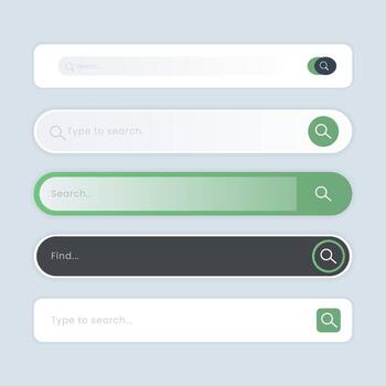 Set of search box input fields with magnifying glass icons. Modern flat UX UI design kit for web or mobile application interface. vector