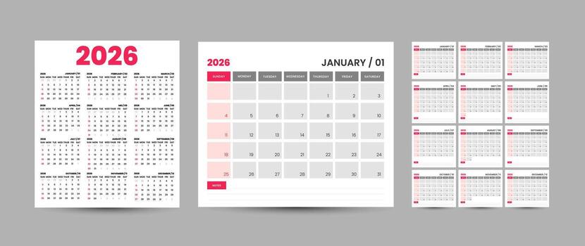 Monthly calendar template for 2026 year. Wall or desk calendar in a minimalist style and simple calendar 2026. Set of calendar 2026. vector
