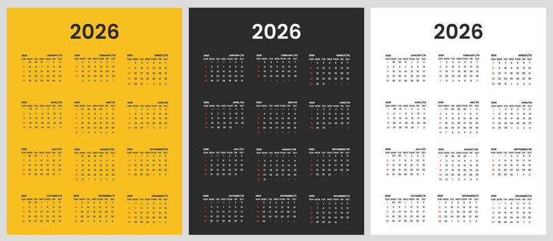 One-Page Calendar 2026 Template Set. Ready-to-print minimalist annual layouts for both wall and desk use. Modern business design for professional and personal planning. vector