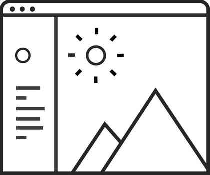 Minimal line art of a gallery or image icon showing mountain and sun for website or photography app design. vector