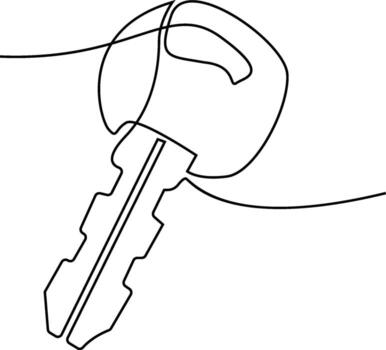 A minimalist line drawing depicts a key, showcasing its essential shape and form with a continuous stroke of the pen. vector