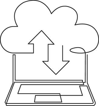 Cloud upload and download process on laptop continuous line icon, data storage and technology illustration vector