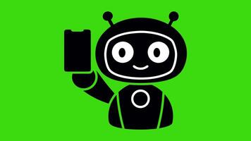 animerad svart robot innehav telefon på grön skärm, leende och vinka idealisk för digital marknadsföring, ui ux, eller ai koncept, artificiell intelligens innovation video