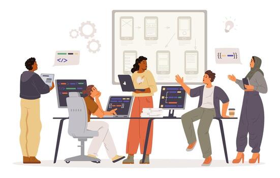 Team working on software development vector